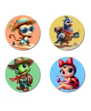 Monkey, Pigeon, Turtle, And Ladybug. Fridge Magnets Ã¢â‚¬â€œ 4 Piece Set | 3 Inch Round Wall Fridge Decor (F22961)