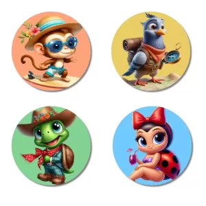 Monkey, Pigeon, Turtle, And Ladybug. Fridge Magnets Ã¢â‚¬â€œ 4 Piece Set | 3 Inch Round Wall Fridge Decor (F22961)