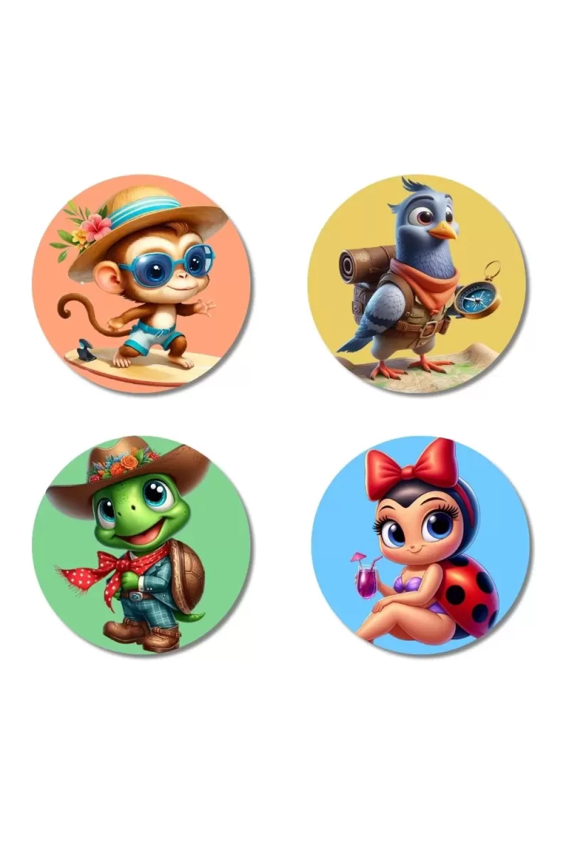 Monkey, Pigeon, Turtle, And Ladybug. Fridge Magnets Ã¢â‚¬â€œ 4 Piece Set | 3 Inch Round Wall Fridge Decor (F22961)