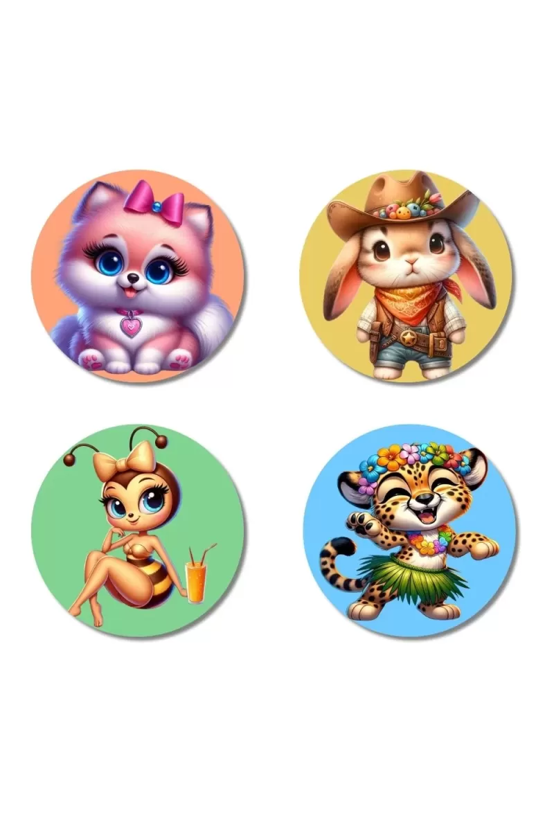Cat, Rabbit, Bee, And Cheetah. Fridge Magnets Ã¢â‚¬â€œ 4 Piece Set | 3 Inch Round Wall Fridge Decor (F22962)