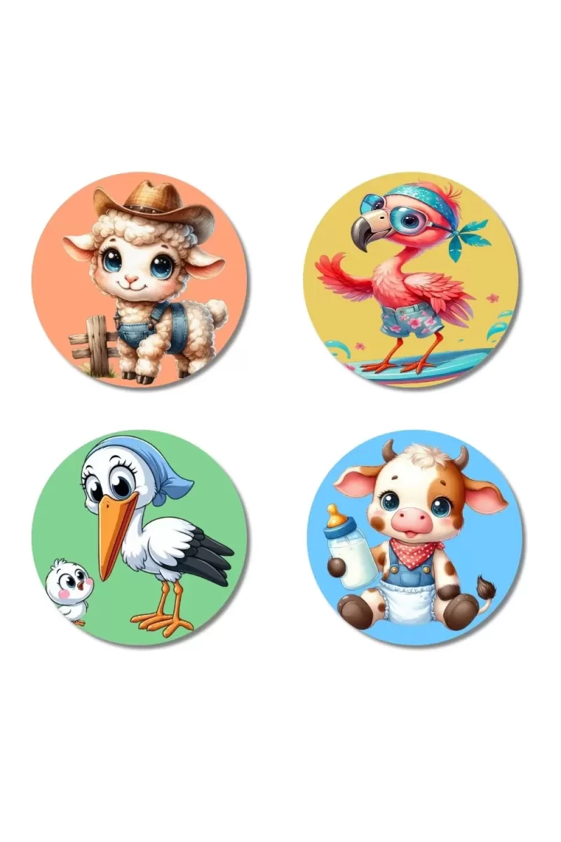 Sheep, Flamingo, Stork, And Cow. Fridge Magnets Ã¢â‚¬â€œ 4 Piece Set | 3 Inch Round Wall Fridge Decor (F22963)