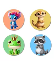 Alien, Meerkat, Frog, And Raccoon. Fridge Magnets  4 Piece Set | 3 Inch Round Wall Fridge Decor (F22964)