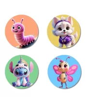 Caterpillar, Dog, Alien, And Butterfly. Fridge Magnets Ã¢â‚¬â€œ 4 Piece Set | 3 Inch Round Wall Fridge Decor (F22965)