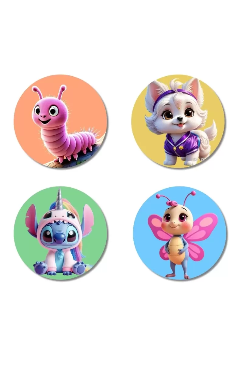 Caterpillar, Dog, Alien, And Butterfly. Fridge Magnets Ã¢â‚¬â€œ 4 Piece Set | 3 Inch Round Wall Fridge Decor (F22965)