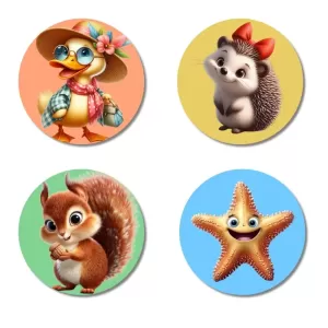 Duck, Hedgehog, Squirrel, And Starfish. Fridge Magnets Ã¢â‚¬â€œ 4 Piece Set | 3 Inch Round Wall Fridge Decor (F22968)