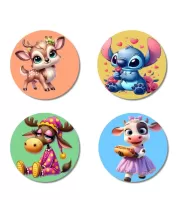 Deer, Alien, Moose, And Cow. Fridge Magnets Ã¢â‚¬â€œ 4 Piece Set | 3 Inch Round Wall Fridge Decor (F22951)
