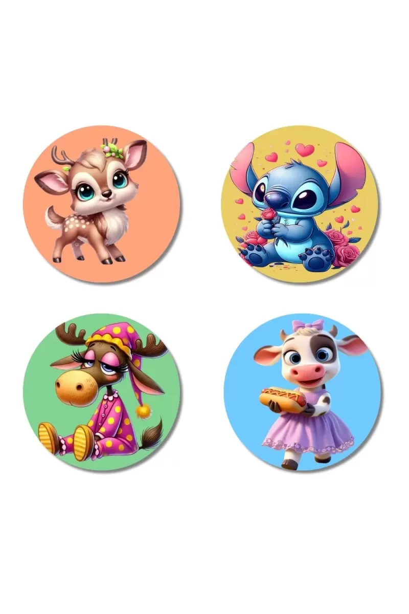Deer, Alien, Moose, And Cow. Fridge Magnets Ã¢â‚¬â€œ 4 Piece Set | 3 Inch Round Wall Fridge Decor (F22951)