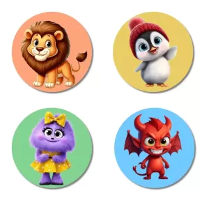 Lion, Penguin, Cat, And Monster. Fridge Magnets Ã¢â‚¬â€œ 4 Piece Set | 3 Inch Round Wall Fridge Decor (F22969)