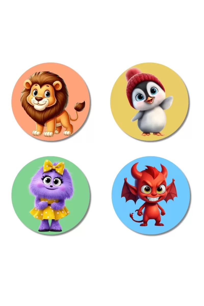 Lion, Penguin, Cat, And Monster. Fridge Magnets Ã¢â‚¬â€œ 4 Piece Set | 3 Inch Round Wall Fridge Decor (F22969)