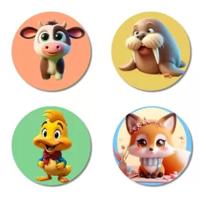 Cow, Walrus, Duck, And Fox. Fridge Magnets Ã¢â‚¬â€œ 4 Piece Set | 3 Inch Round Wall Fridge Decor (F22952)