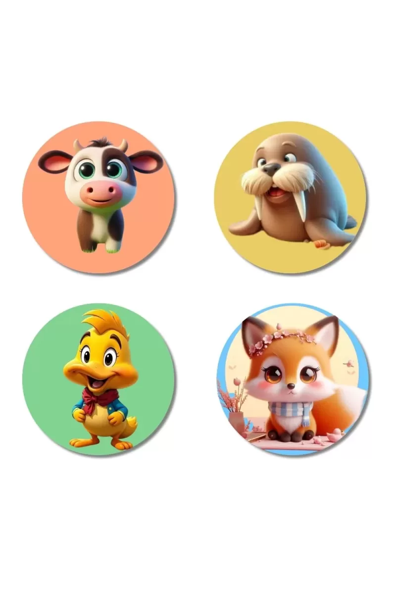 Cow, Walrus, Duck, And Fox. Fridge Magnets Ã¢â‚¬â€œ 4 Piece Set | 3 Inch Round Wall Fridge Decor (F22952)