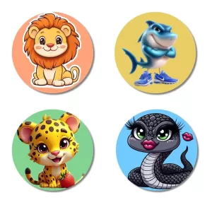Lion, Shark, Leopard, And Snake. Fridge Magnets – 4 Piece Set | 3 Inch Round Wall Fridge Decor (F22953) Lion, Shark, Leopard, And Snake. Fridge Magnets – 4 Piece Set | 3 Inch Round Wall Fridge Decor (F22953)