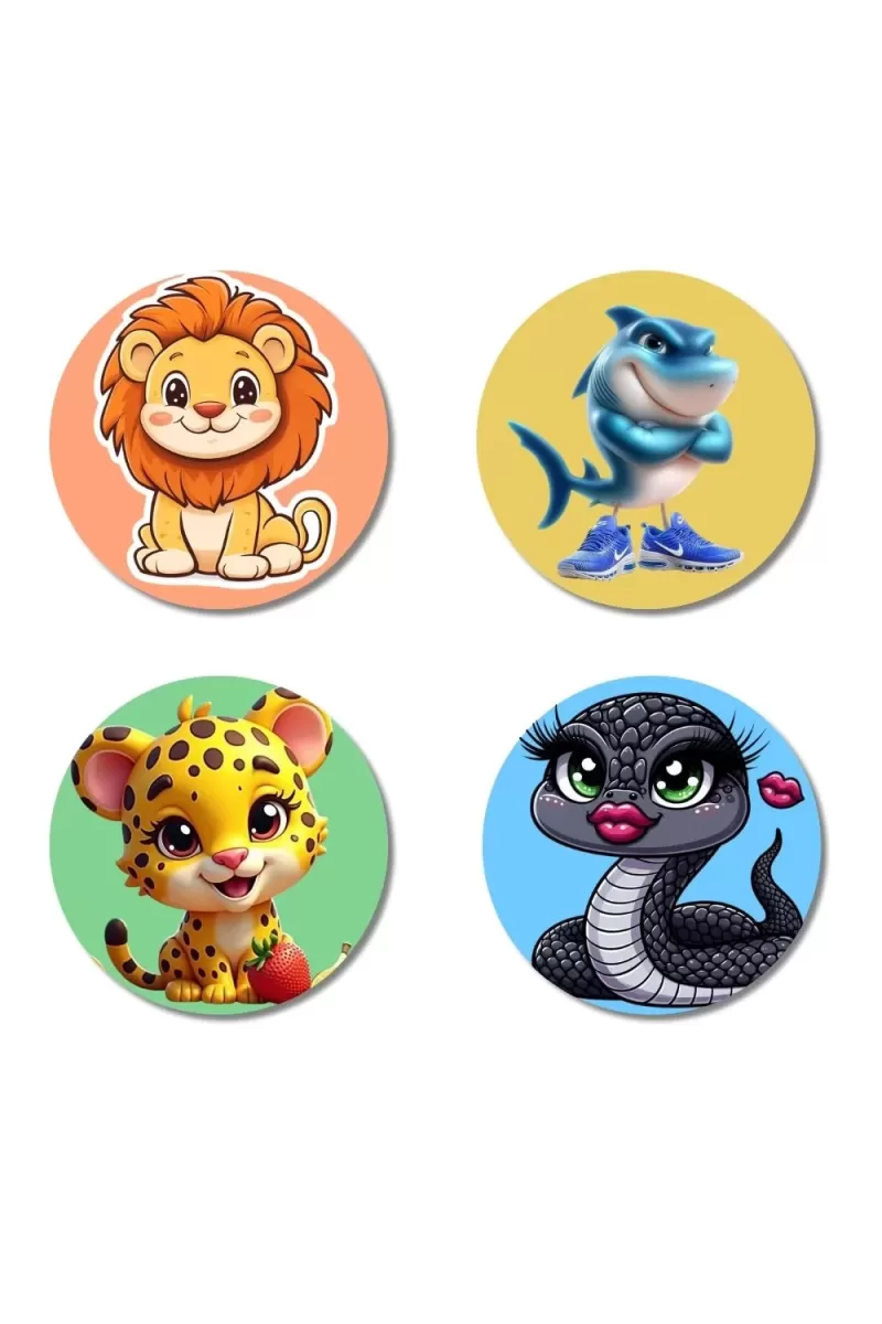 Lion, Shark, Leopard, And Snake. Fridge Magnets Ã¢â‚¬â€œ 4 Piece Set | 3 Inch Round Wall Fridge Decor (F22953)