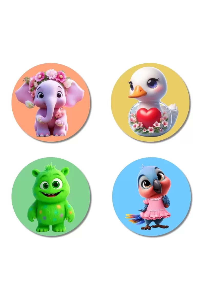 Elephant, Duck, Monster, And Parrot. Fridge Magnets Ã¢â‚¬â€œ 4 Piece Set | 3 Inch Round Wall Fridge Decor (F22954)