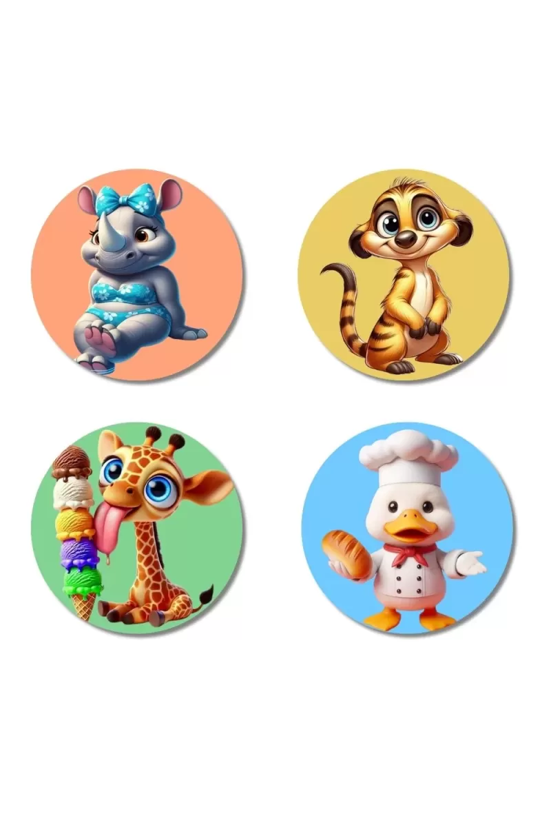 Rhino, Meerkat, Giraffe, And Duck. Fridge Magnets Ã¢â‚¬â€œ 4 Piece Set | 3 Inch Round Wall Fridge Decor (F22955)