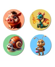 Wild Boar, Dragon, Snail, And Bee. Fridge Magnets Ã¢â‚¬â€œ 4 Piece Set | 3 Inch Round Wall Fridge Decor (F22958)