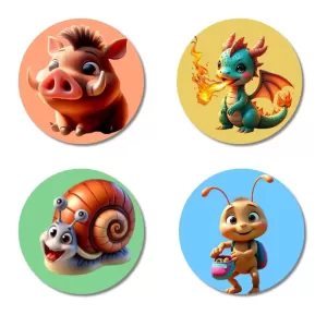 Wild Boar, Dragon, Snail, And Bee. Fridge Magnets Ã¢â‚¬â€œ 4 Piece Set | 3 Inch Round Wall Fridge Decor (F22958)