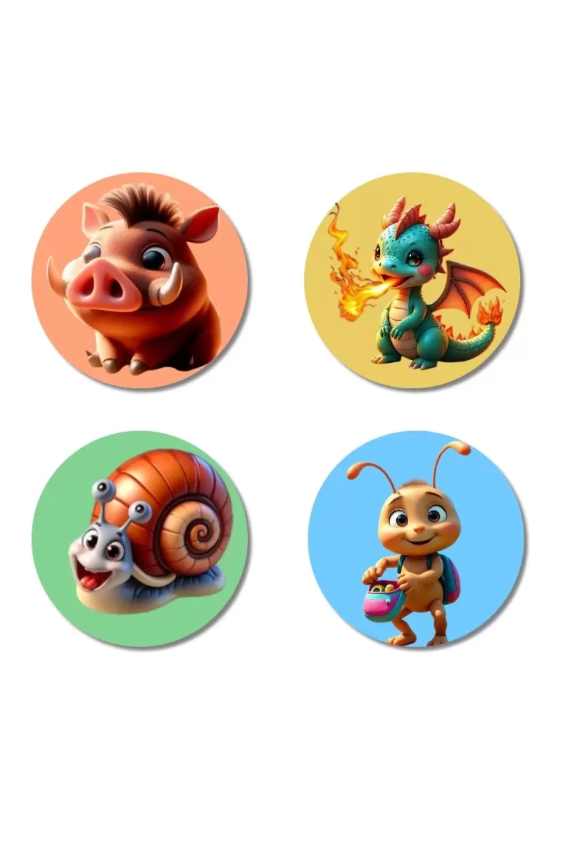 Wild Boar, Dragon, Snail, And Bee. Fridge Magnets Ã¢â‚¬â€œ 4 Piece Set | 3 Inch Round Wall Fridge Decor (F22958)