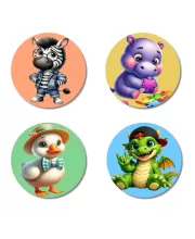 Zebra, Hippo, Duck, Dragon Fridge Magnets Ã¢â‚¬â€œ 4 Piece Set | 3 Inch Round Wall Fridge Decor (F22971)