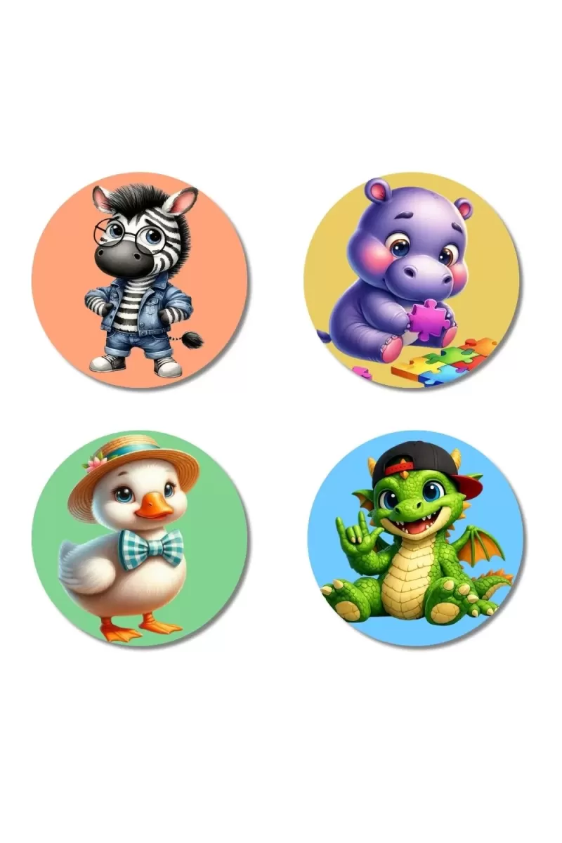 Zebra, Hippo, Duck, Dragon Fridge Magnets Ã¢â‚¬â€œ 4 Piece Set | 3 Inch Round Wall Fridge Decor (F22971)