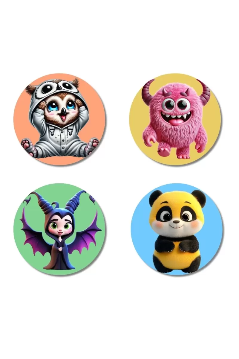 Owl, Monster, Bat, And Panda. Fridge Magnets Ã¢â‚¬â€œ 4 Piece Set | 3 Inch Round Wall Fridge Decor (F22972)