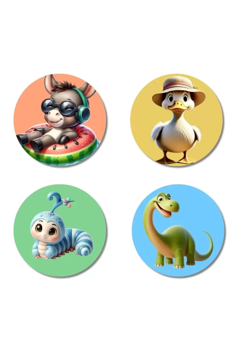 Donkey, Duck, Caterpillar, And Dinosaur. Fridge Magnets Ã¢â‚¬â€œ 4 Piece Set | 3 Inch Round Wall Fridge Decor (F22973)