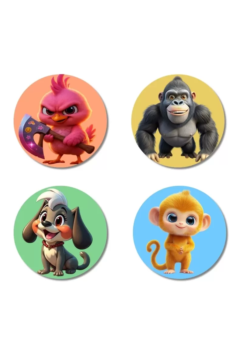 Bird, Gorilla, Dog, And Monkey. Fridge Magnets Ã¢â‚¬â€œ 4 Piece Set | 3 Inch Round Wall Fridge Decor (F22974)