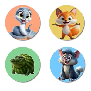 Snake, Fox, Armadillo, And Wolf. Fridge Magnets Ã¢â‚¬â€œ 4 Piece Set | 3 Inch Round Wall Fridge Decor (F22975)