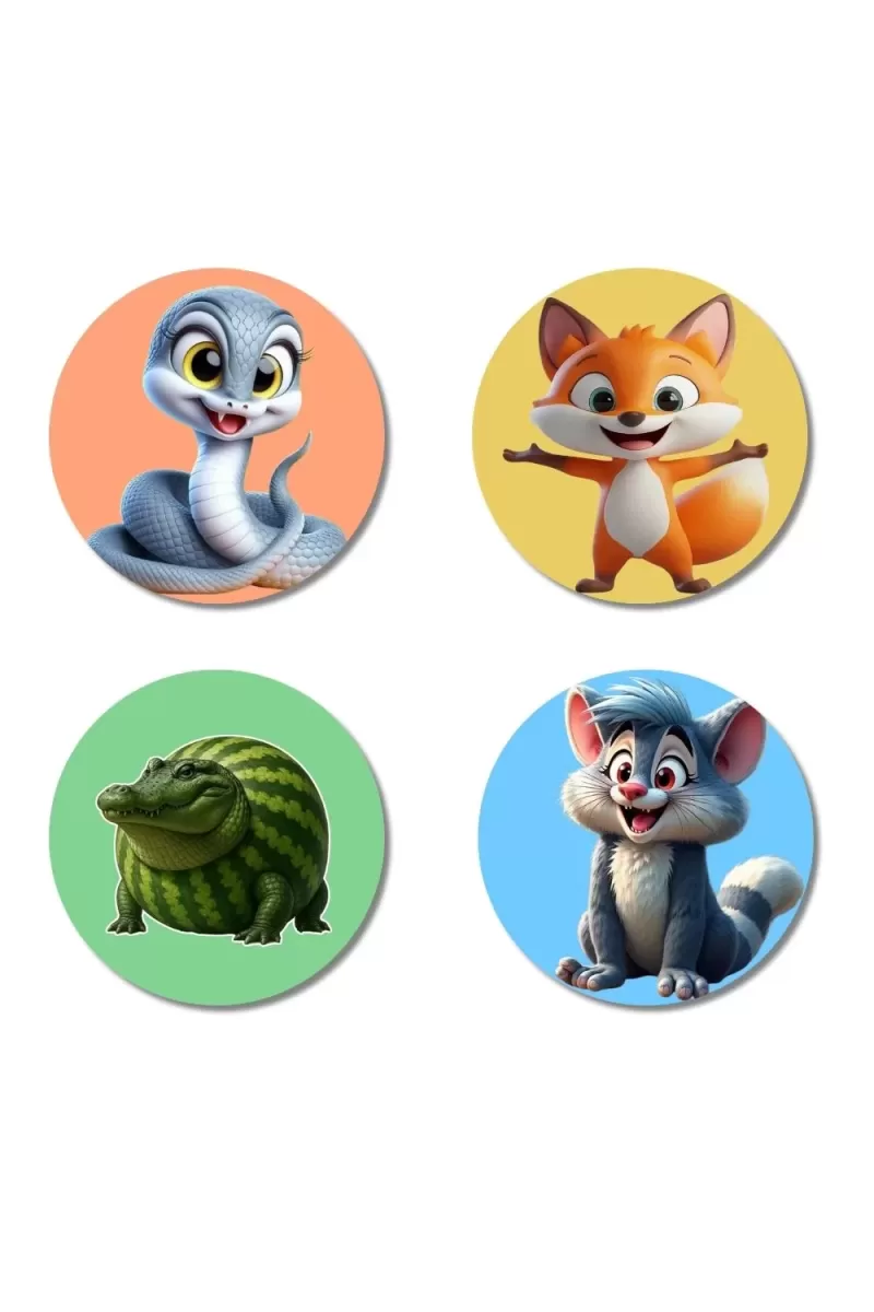 Snake, Fox, Armadillo, And Wolf. Fridge Magnets Ã¢â‚¬â€œ 4 Piece Set | 3 Inch Round Wall Fridge Decor (F22975)