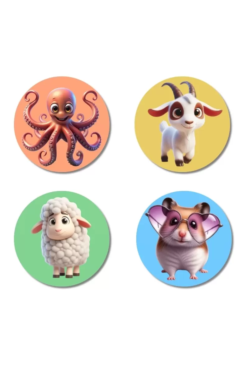 Octopus, Goat, Sheep, And Hamster. Fridge Magnets Ã¢â‚¬â€œ 4 Piece Set | 3 Inch Round Wall Fridge Decor (F22976)
