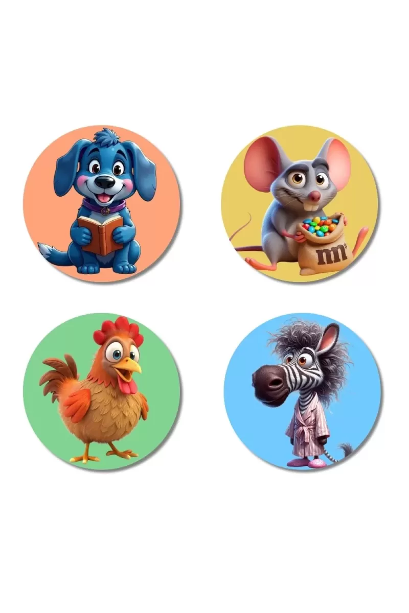 Dog, Mouse, Chicken, And Zebra. Fridge Magnets Ã¢â‚¬â€œ 4 Piece Set | 3 Inch Round Wall Fridge Decor (F22977)