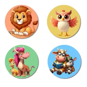 Lion, Owl, Monster, And Cow. Fridge Magnets – 4 Piece Set | 3 Inch Round Wall Fridge Decor (F22978) Lion, Owl, Monster, And Cow. Fridge Magnets – 4 Piece Set | 3 Inch Round Wall Fridge Decor (F22978)