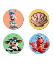 Rabbit, Shell, Cow, And Lobster. Fridge Magnets Ã¢â‚¬â€œ 4 Piece Set | 3 Inch Round Wall Fridge Decor (F22979)