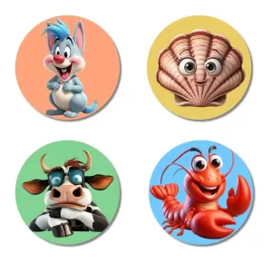 Rabbit, Shell, Cow, And Lobster. Fridge Magnets Ã¢â‚¬â€œ 4 Piece Set | 3 Inch Round Wall Fridge Decor (F22979)