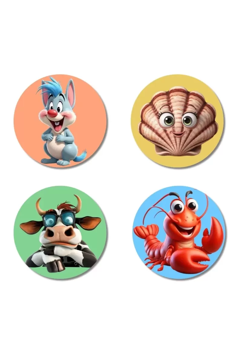 Rabbit, Shell, Cow, And Lobster. Fridge Magnets Ã¢â‚¬â€œ 4 Piece Set | 3 Inch Round Wall Fridge Decor (F22979)