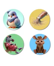 Pigeon, Squid, Zebra, And Donkey. Fridge Magnets Ã¢â‚¬â€œ 4 Piece Set | 3 Inch Round Wall Fridge Decor (F22980)