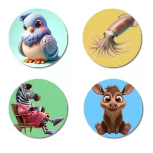 Pigeon, Squid, Zebra, And Donkey. Fridge Magnets – 4 Piece Set | 3 Inch Round Wall Fridge Decor (F22980) Pigeon, Squid, Zebra, And Donkey. Fridge Magnets – 4 Piece Set | 3 Inch Round Wall Fridge Decor (F22980)