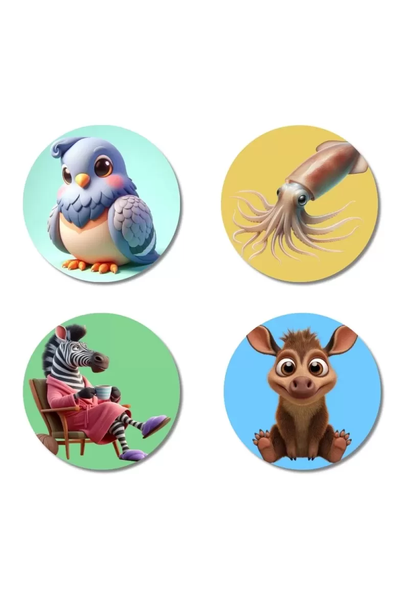 Pigeon, Squid, Zebra, And Donkey. Fridge Magnets Ã¢â‚¬â€œ 4 Piece Set | 3 Inch Round Wall Fridge Decor (F22980)