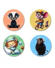 Badger, Mouse, Cat, And Bull. Fridge Magnets  4 Piece Set | 3 Inch Round Wall Fridge Decor (F22982)