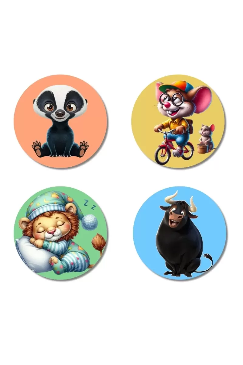 Badger, Mouse, Cat, And Bull. Fridge Magnets Ã¢â‚¬â€œ 4 Piece Set | 3 Inch Round Wall Fridge Decor (F22982)