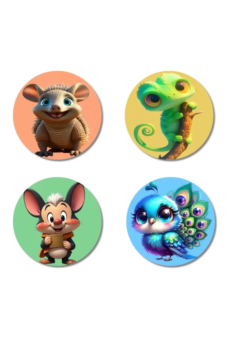 Opossum, Chameleon, Mouse, And Peacock. Fridge Magnets Ã¢â‚¬â€œ 4 Piece Set | 3 Inch Round Wall Fridge Decor (F22983)
