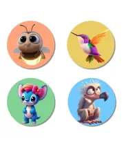 Bee, Hummingbird, Alien, And Vulture. Fridge Magnets  4 Piece Set | 3 Inch Round Wall Fridge Decor (F22985)