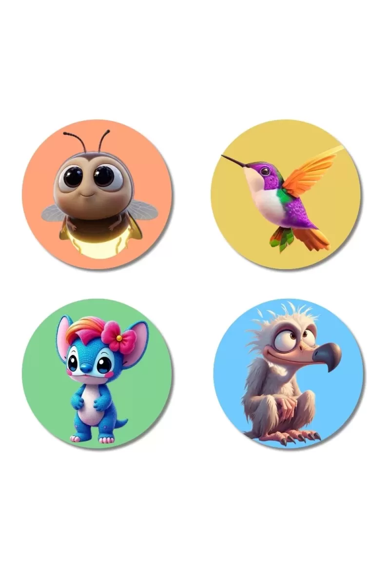 Bee, Hummingbird, Alien, And Vulture. Fridge Magnets Ã¢â‚¬â€œ 4 Piece Set | 3 Inch Round Wall Fridge Decor (F22985)