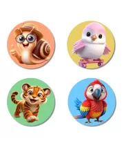 Snail, Bird, Tiger, And Parrot. Fridge Magnets Ã¢â‚¬â€œ 4 Piece Set | 3 Inch Round Wall Fridge Decor (F22986)