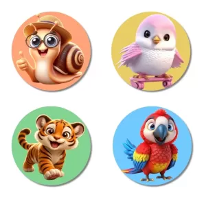 Snail, Bird, Tiger, And Parrot. Fridge Magnets – 4 Piece Set | 3 Inch Round Wall Fridge Decor (F22986) Snail, Bird, Tiger, And Parrot. Fridge Magnets – 4 Piece Set | 3 Inch Round Wall Fridge Decor (F22986)