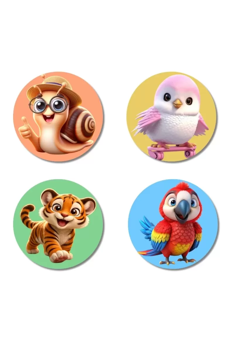 Snail, Bird, Tiger, And Parrot. Fridge Magnets Ã¢â‚¬â€œ 4 Piece Set | 3 Inch Round Wall Fridge Decor (F22986)