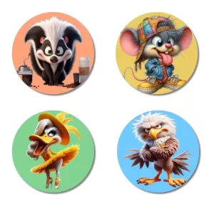 Skunk, Mouse, Duck, And Eagle. Fridge Magnets Ã¢â‚¬â€œ 4 Piece Set | 3 Inch Round Wall Fridge Decor (F22988)