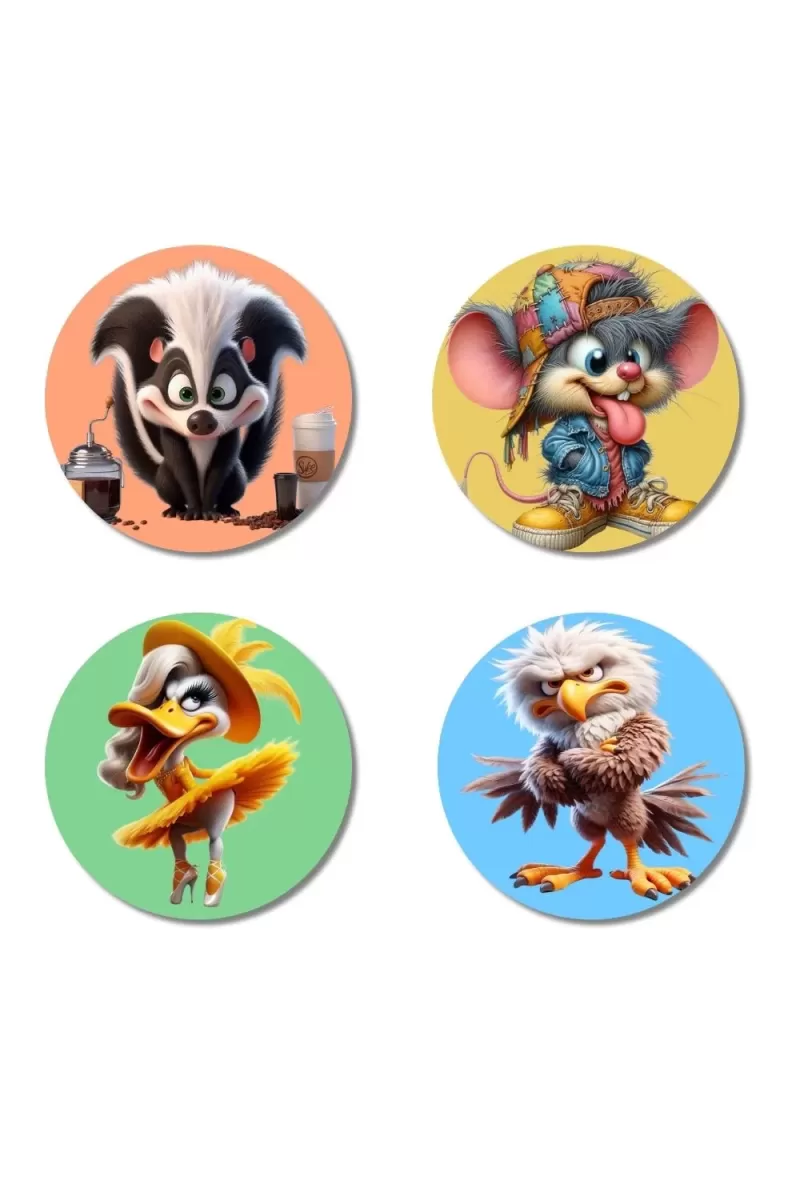 Skunk, Mouse, Duck, And Eagle. Fridge Magnets Ã¢â‚¬â€œ 4 Piece Set | 3 Inch Round Wall Fridge Decor (F22988)