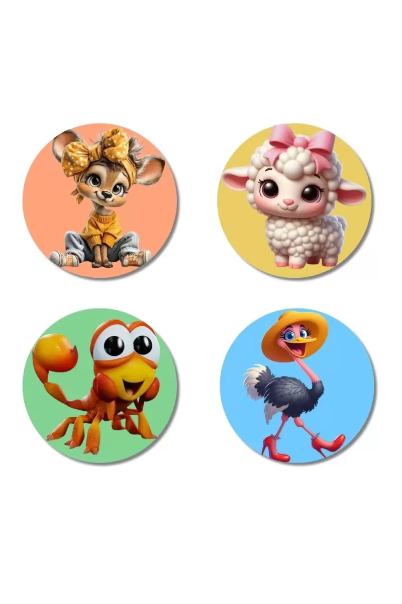 Deer, Sheep, Scorpion, And Ostrich. Fridge Magnets Ã¢â‚¬â€œ 4 Piece Set | 3 Inch Round Wall Fridge Decor (F22989)
