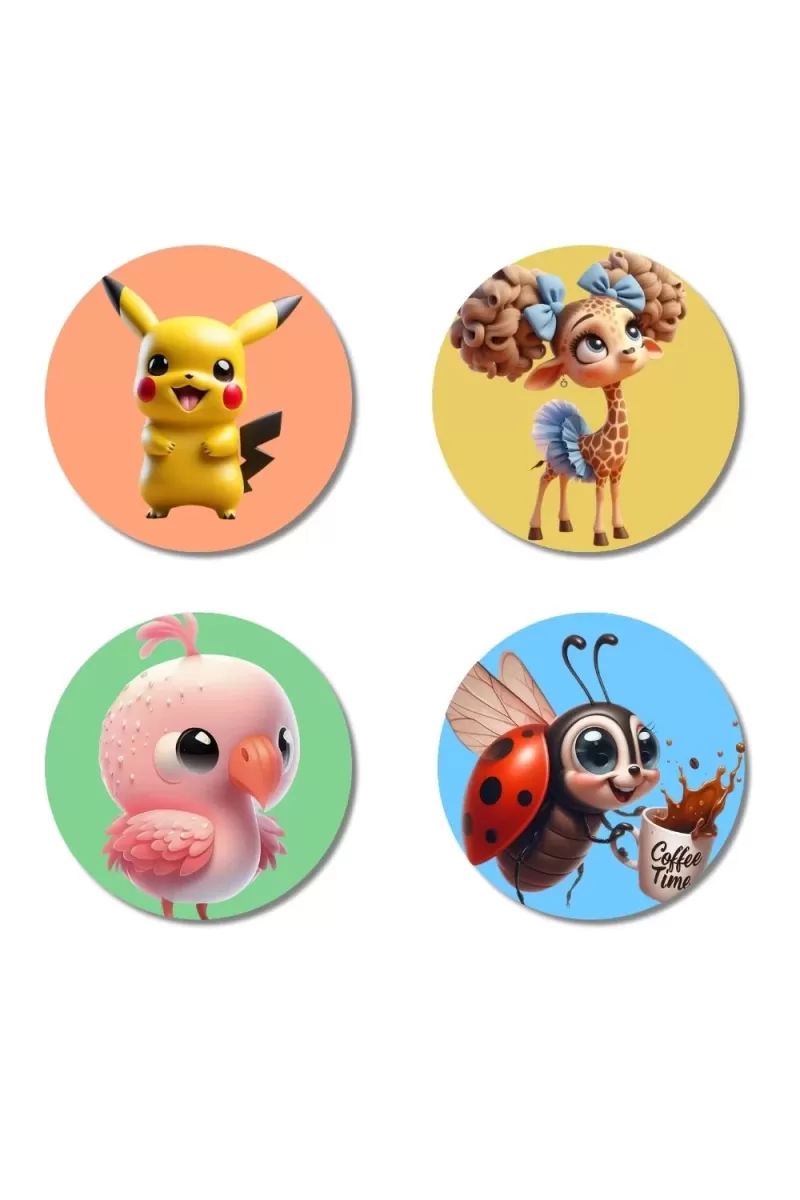 Pikachu, Deer, Bird, And Ladybug. Fridge Magnets Ã¢â‚¬â€œ 4 Piece Set | 3 Inch Round Wall Fridge Decor (F22992)